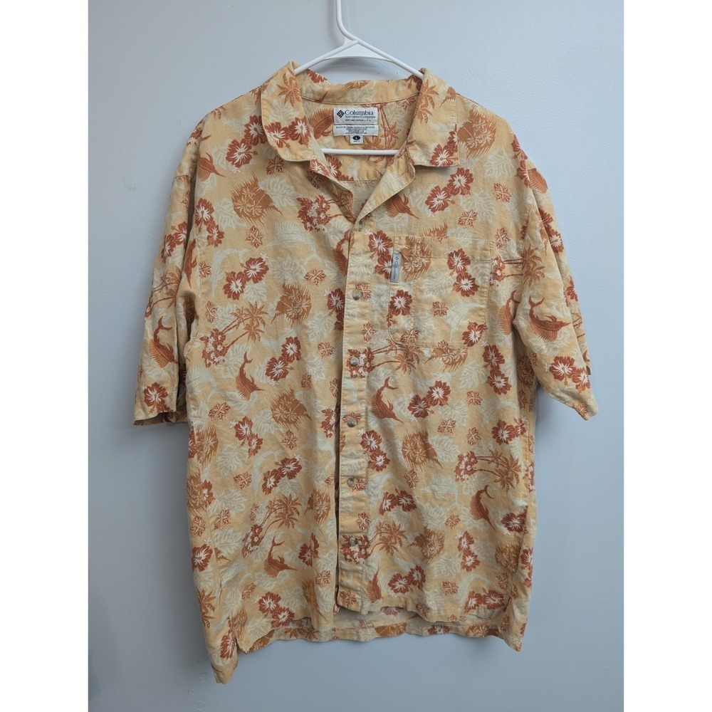 D6 COLUMBIA Hawaiian Floral Sailfish Orange Linen Cotton Men's L Short Sleeve